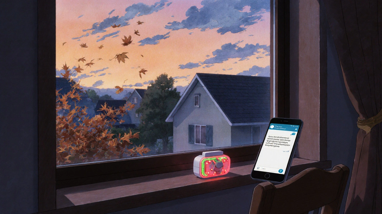 Cellular pillbox glowing on a windowsill with text alert visible on a phone nearby.