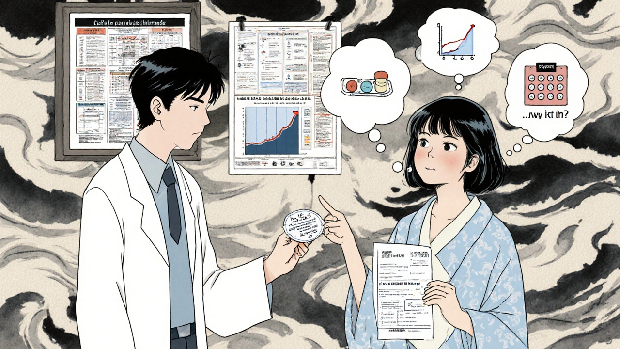 Clinician and patient discuss a 3-question exit ticket with thought bubbles showing weight scale, pills, and confusion.