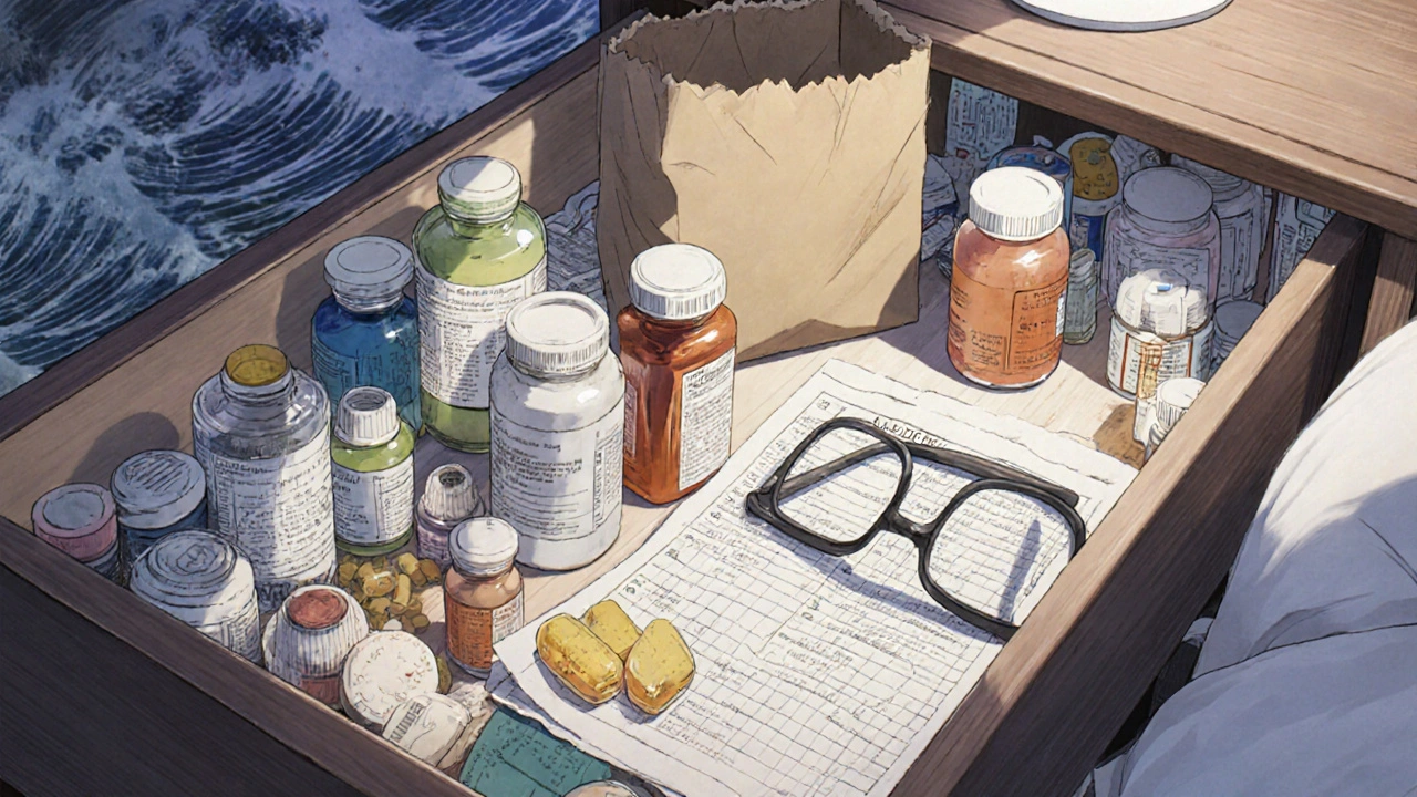 Cluttered drawer overflowing with pill bottles and supplements near a brown bag.
