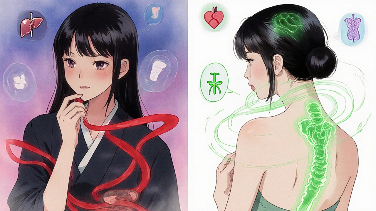 Contrasting medical effects of oral pills vs. transdermal patches for hormone therapy, in ukiyo-e anime style.