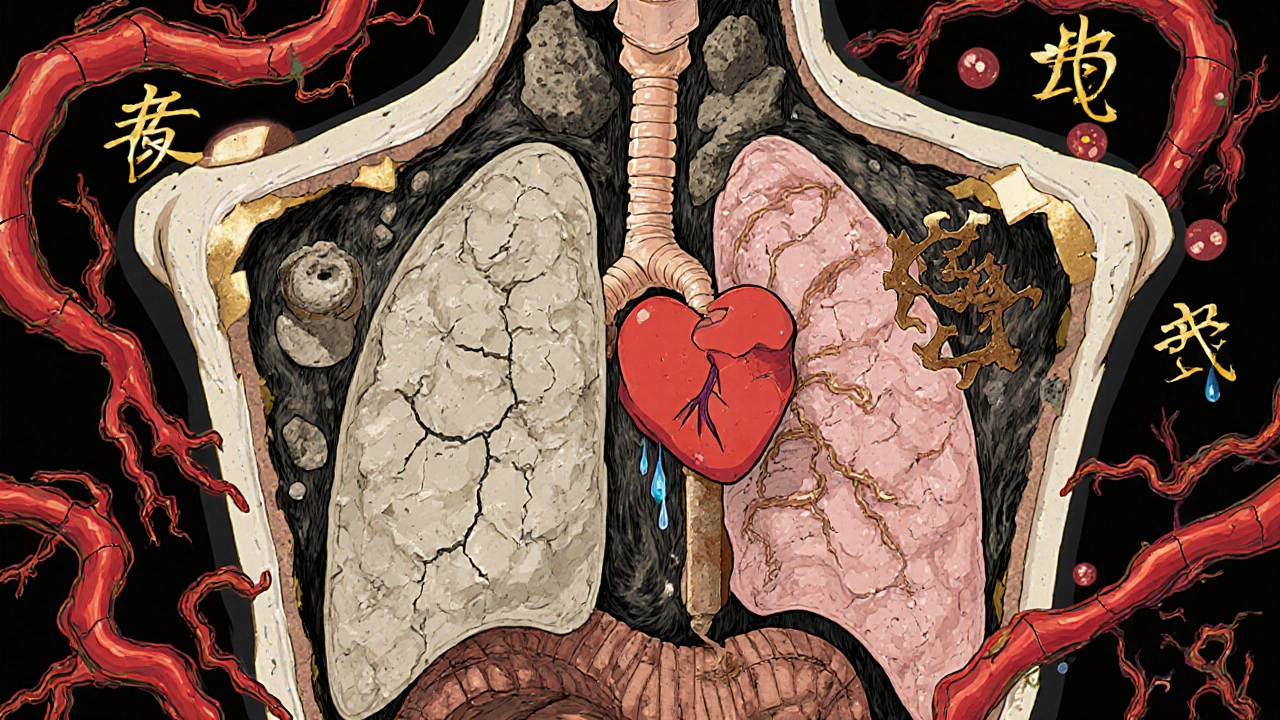Cross-section of organs turned to stone by fibrosis, with glowing immune cells and gold leaf details.
