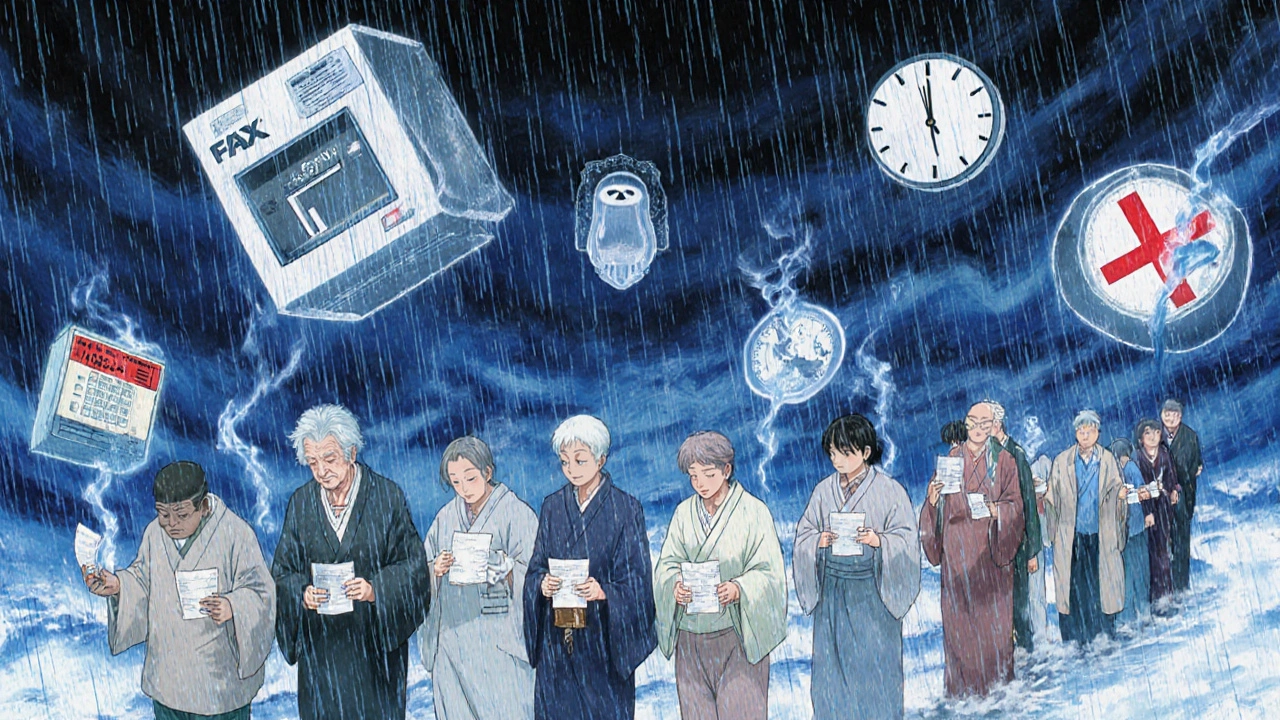 Diverse patients stand in a long line as their prescriptions vanish into smoke, giant insurance icons loom overhead in stormy sky.