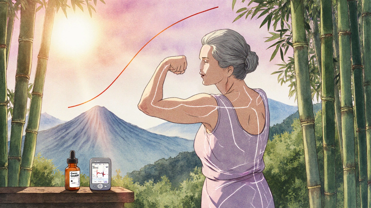 Elderly woman exercising in garden with glowing vitamin D and supplement symbols nearby.