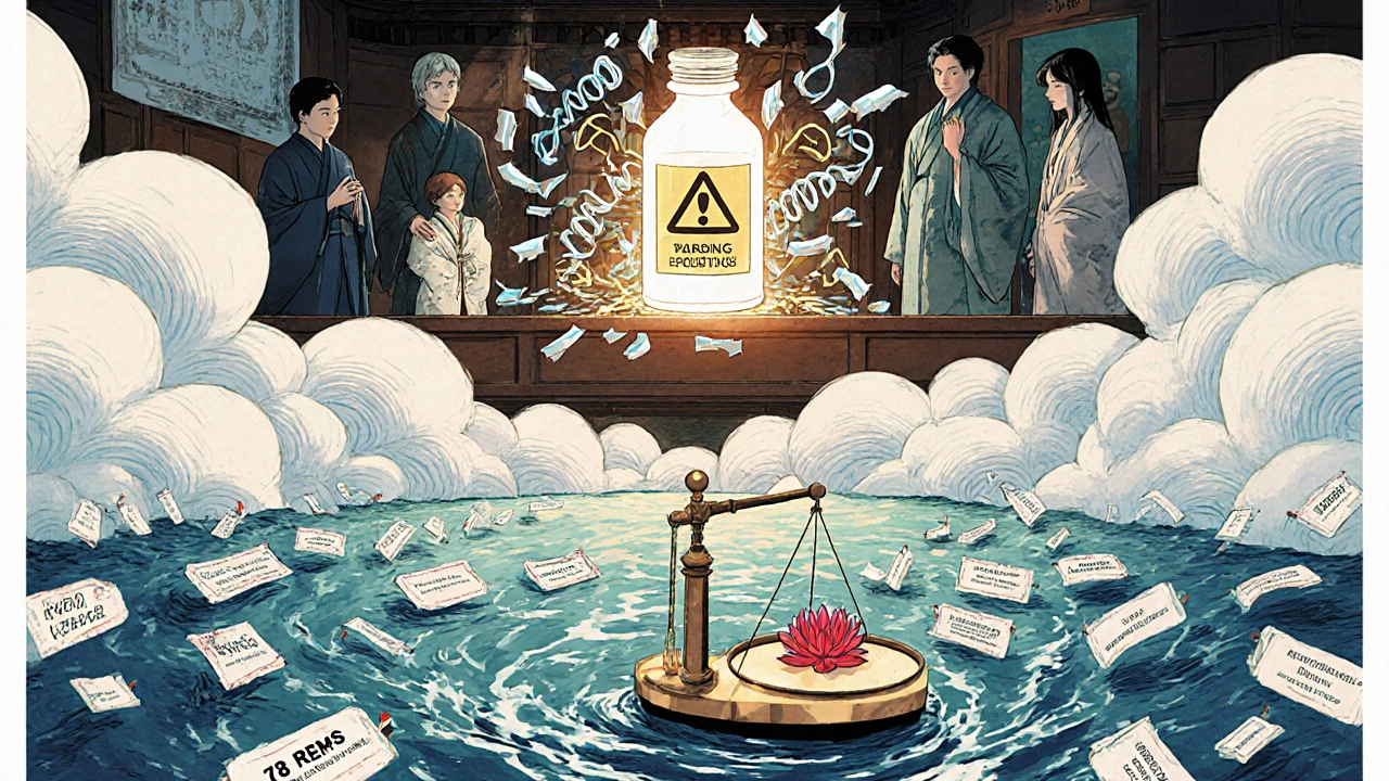 FDA scientists and patient figure in a floating temple, balancing drug risks and benefits with REMS charms.