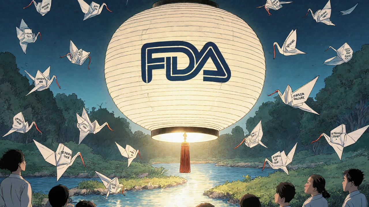 FDA-shaped lantern illuminates a river of origami report cranes floating through a quiet night scene.