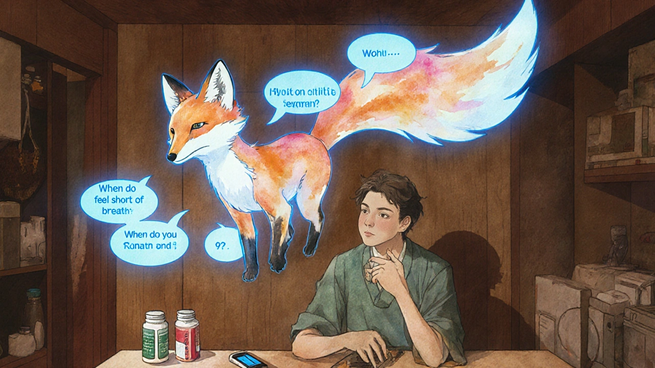 Fox spirit AI chatbot guides a patient through heart failure questions amid medicine bottles and glucose meter at home.