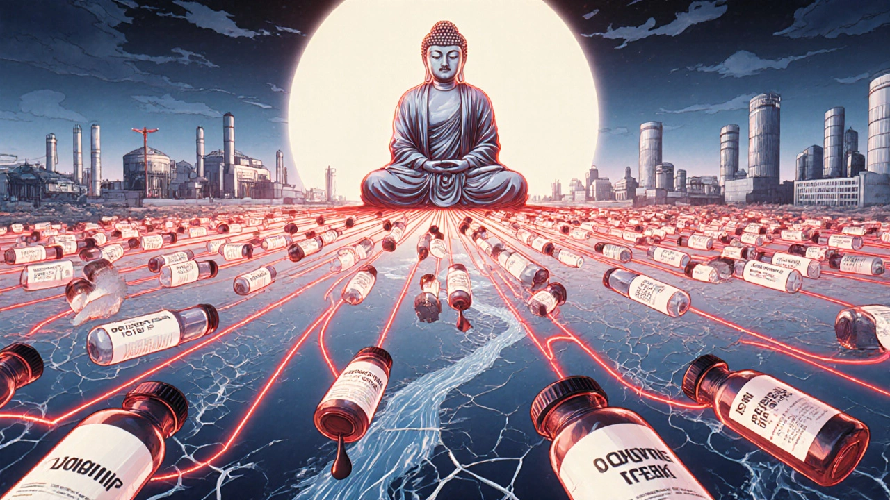 Global map of drug supply chains with red threads from China to hospitals, and impurities leaking into patient hearts.