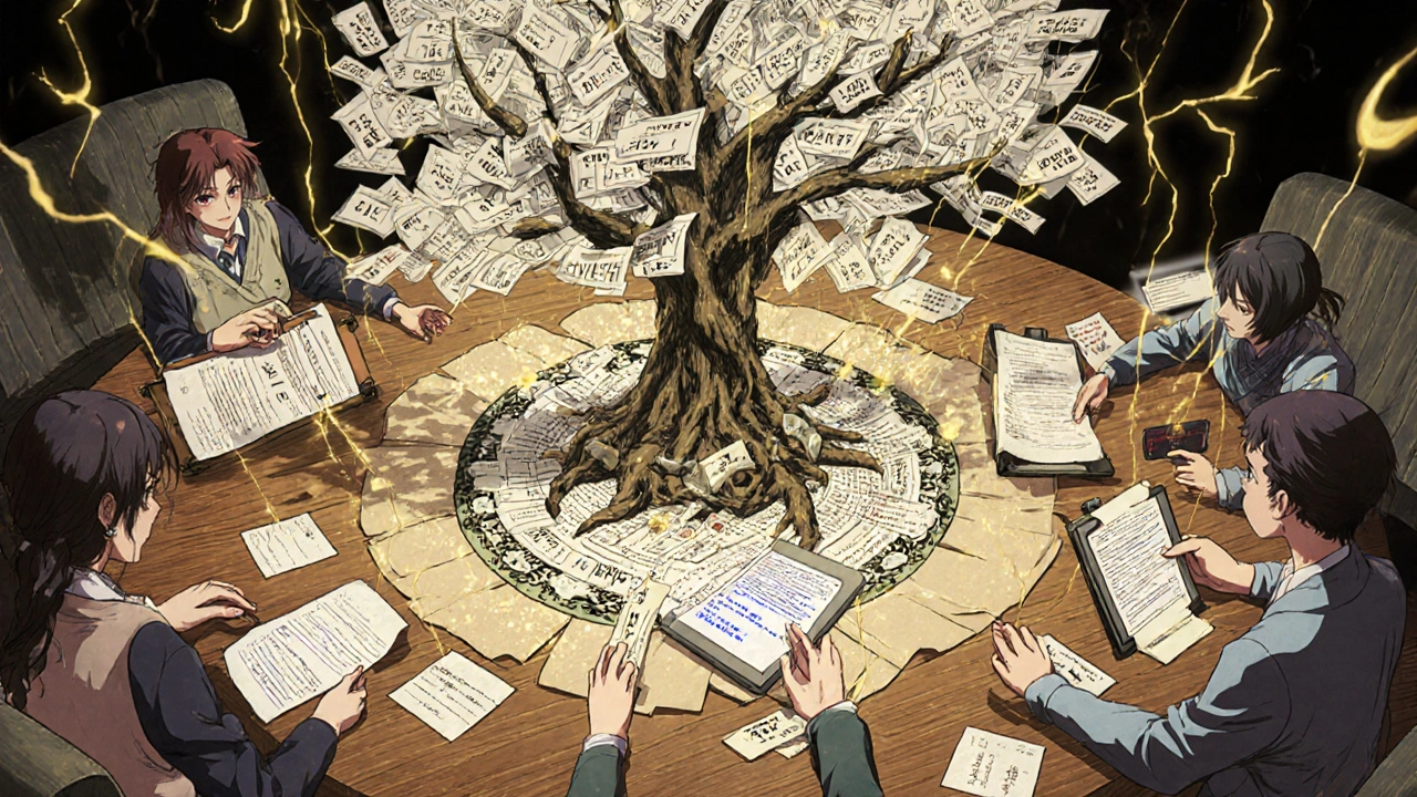 Healthcare team connected by golden threads to a mandala of drug codes, surrounded by scrolls and digital tablets in traditional anime style.