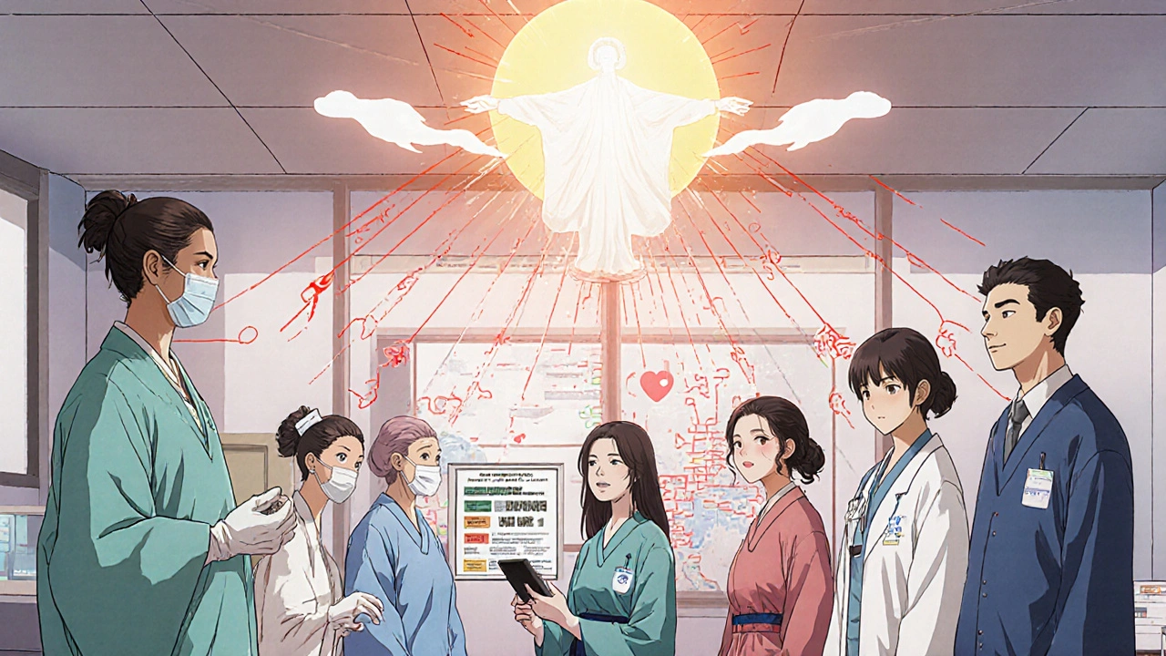 Healthcare workers with mixed safety practices, monitored by an AI spirit above, symbolizing workplace change.