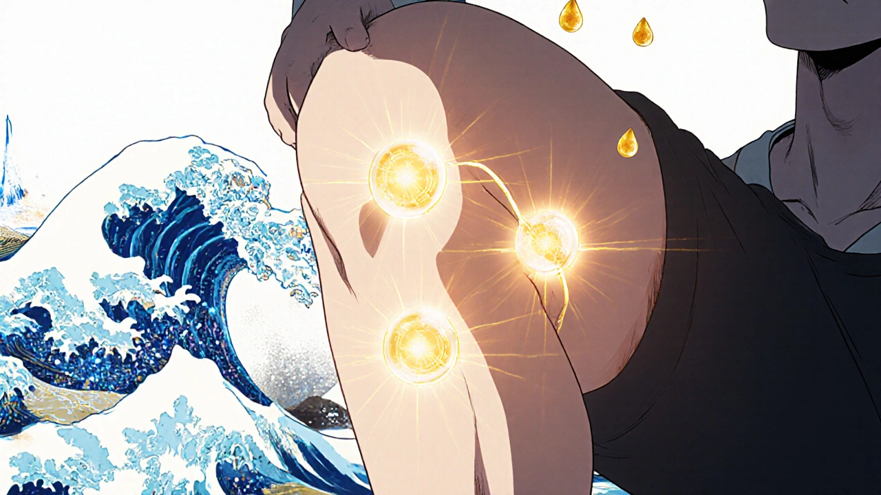 Man’s knee treated with low-frequency TENS, endorphins rising as golden droplets in anime style.