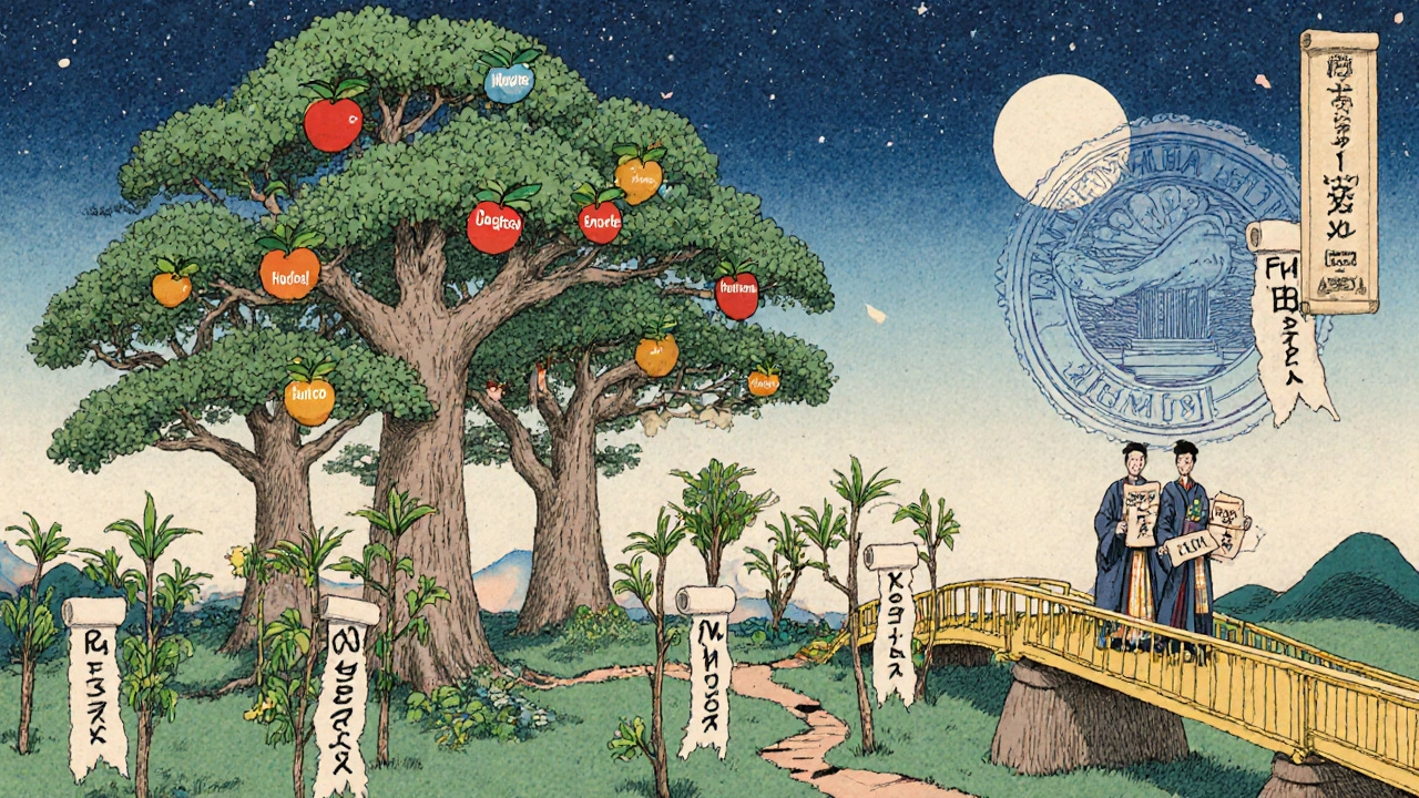 Medicinal trees with biologic fruits and biosimilar saplings connected by a golden bridge, but saplings separated from each other under a glowing FDA seal.