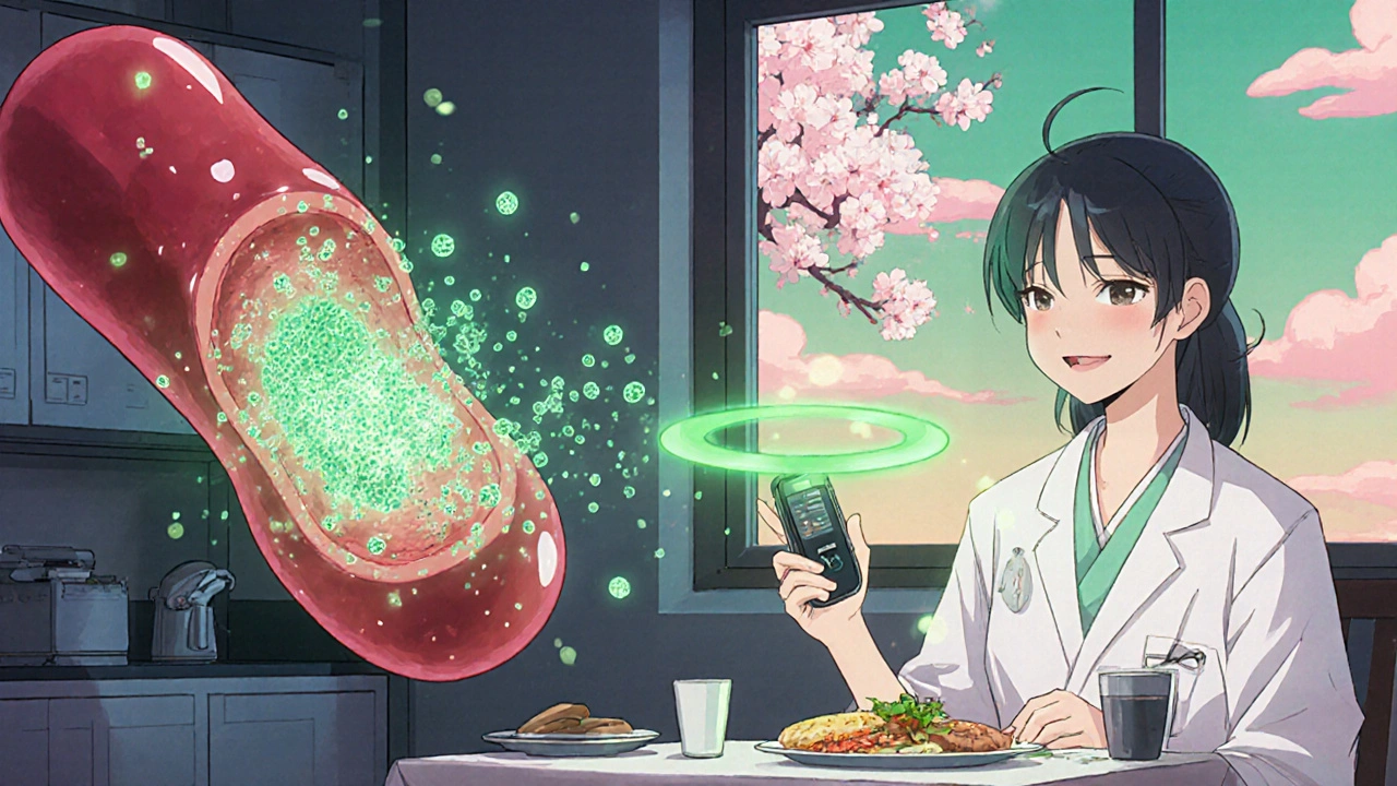 Nanoparticles retraining immune cells with a portable gluten detector glowing green over a meal, cherry blossoms falling nearby.