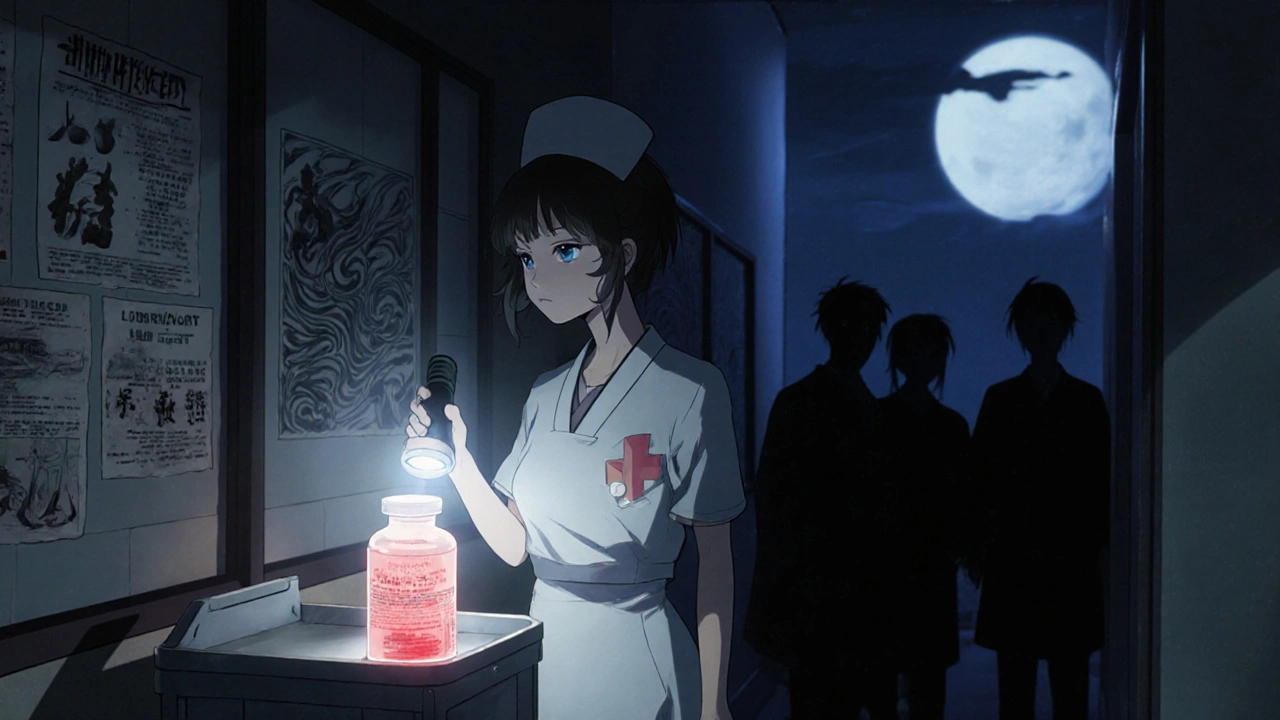 Night nurse finds a recalled vial in a crash cart, shadowy patients in background, moonlight and ink clouds creating a solemn mood.