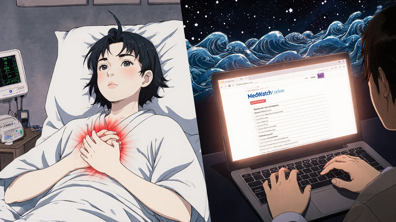 Patient in hospital on one side, submitting MedWatch report on laptop on the other, with data flowing to a starlit database.