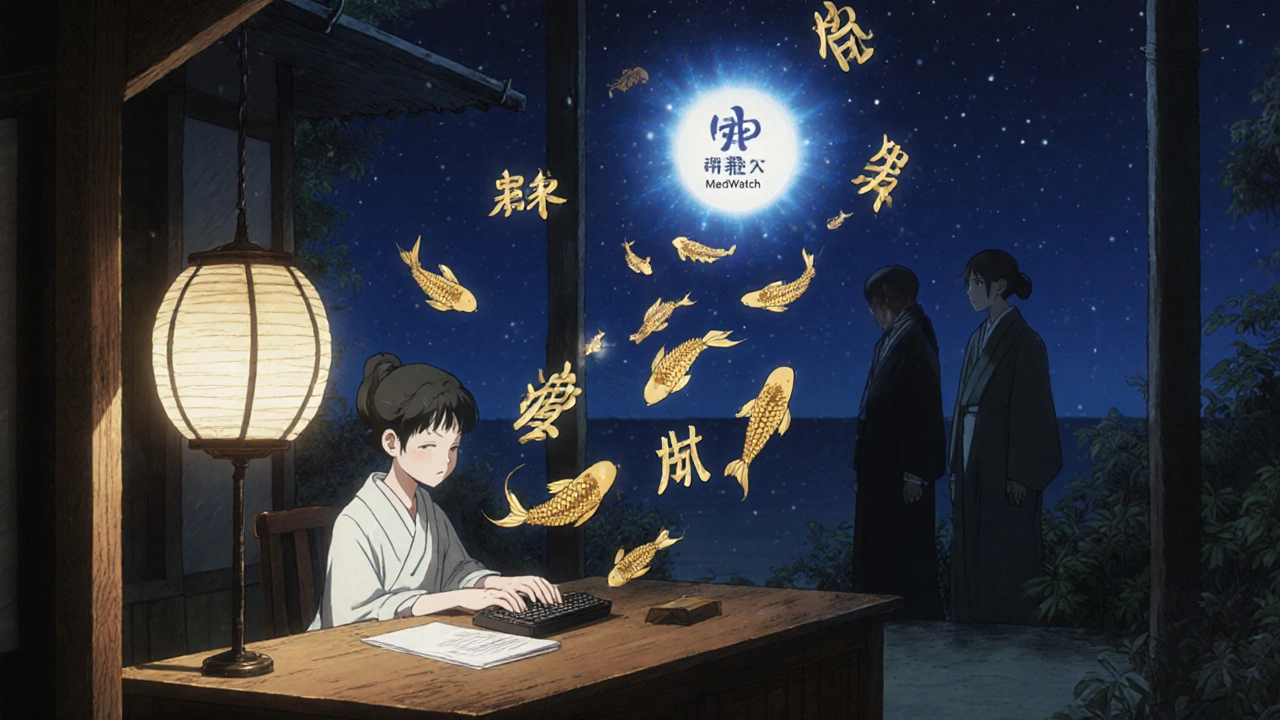 Patient submitting a side effect report as symbolic symptoms rise toward a celestial MedWatch portal.