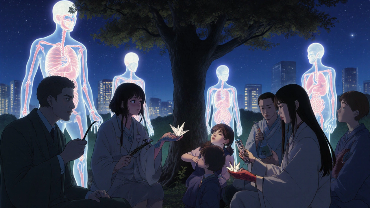 Patients in a moonlit circle holding adaptive tools, shadows showing healthy organs behind them.