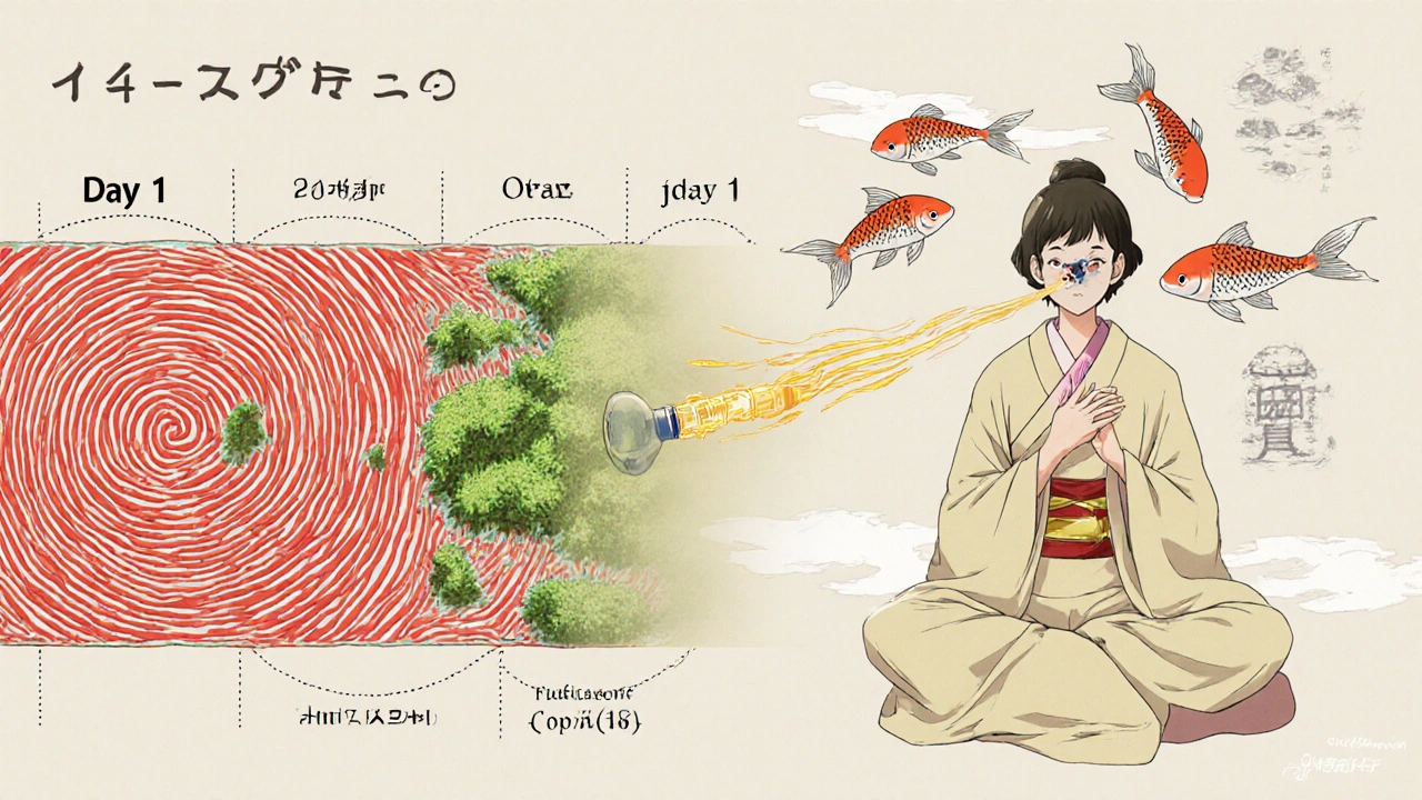 Person meditating as layers of nasal healing unfold over time, from red congestion to golden airflow.