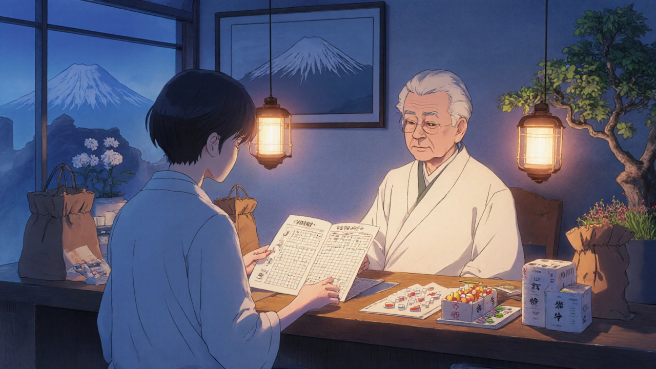 Pharmacist and senior reviewing medication chart at a pharmacy counter.