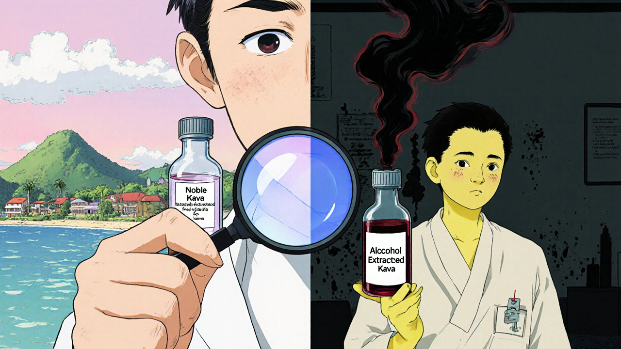 Pharmacist comparing safe and dangerous kava extracts beside a jaundiced patient.