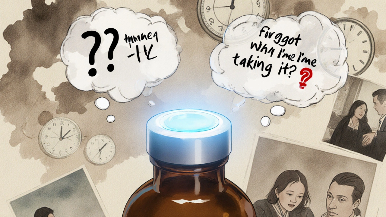 Smart pill cap glowing blue with floating question bubbles about missed doses.