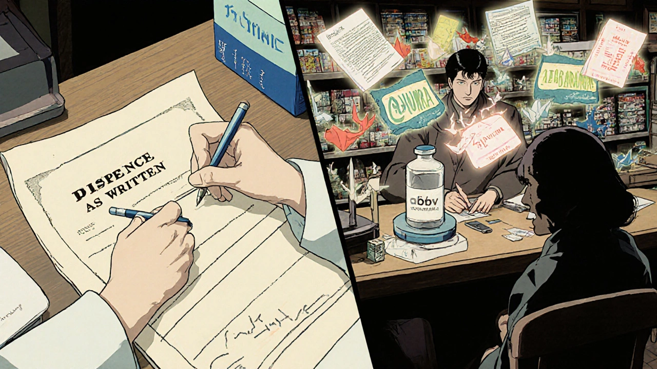 Split scene: doctor writing &#039;do not substitute&#039; on one side, pharmacist swapping biologic for biosimilar on the other with state names as floating origami.