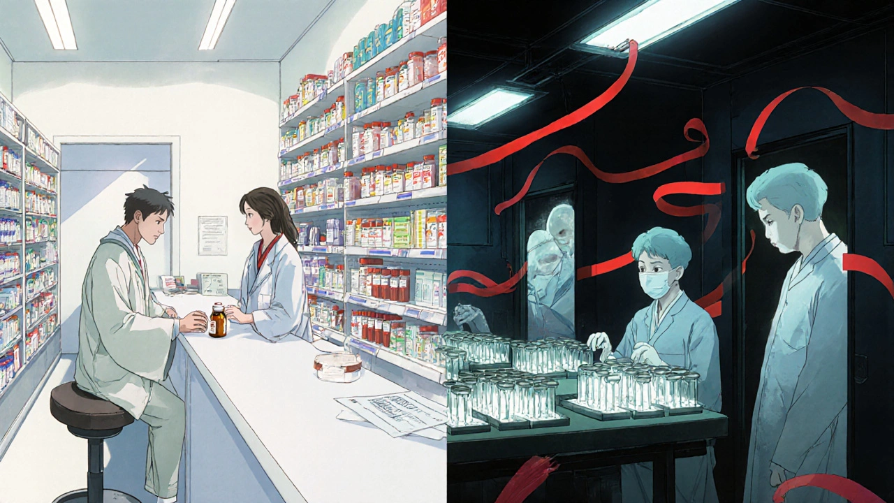 Split scene of a U.S. pharmacy and a Chinese API plant, with invisible inspectors observing through walls.