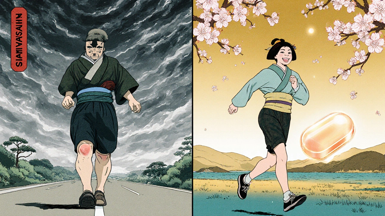 Split scene: person in pain with simvastatin vs. person healthy with rosuvastatin in nature.