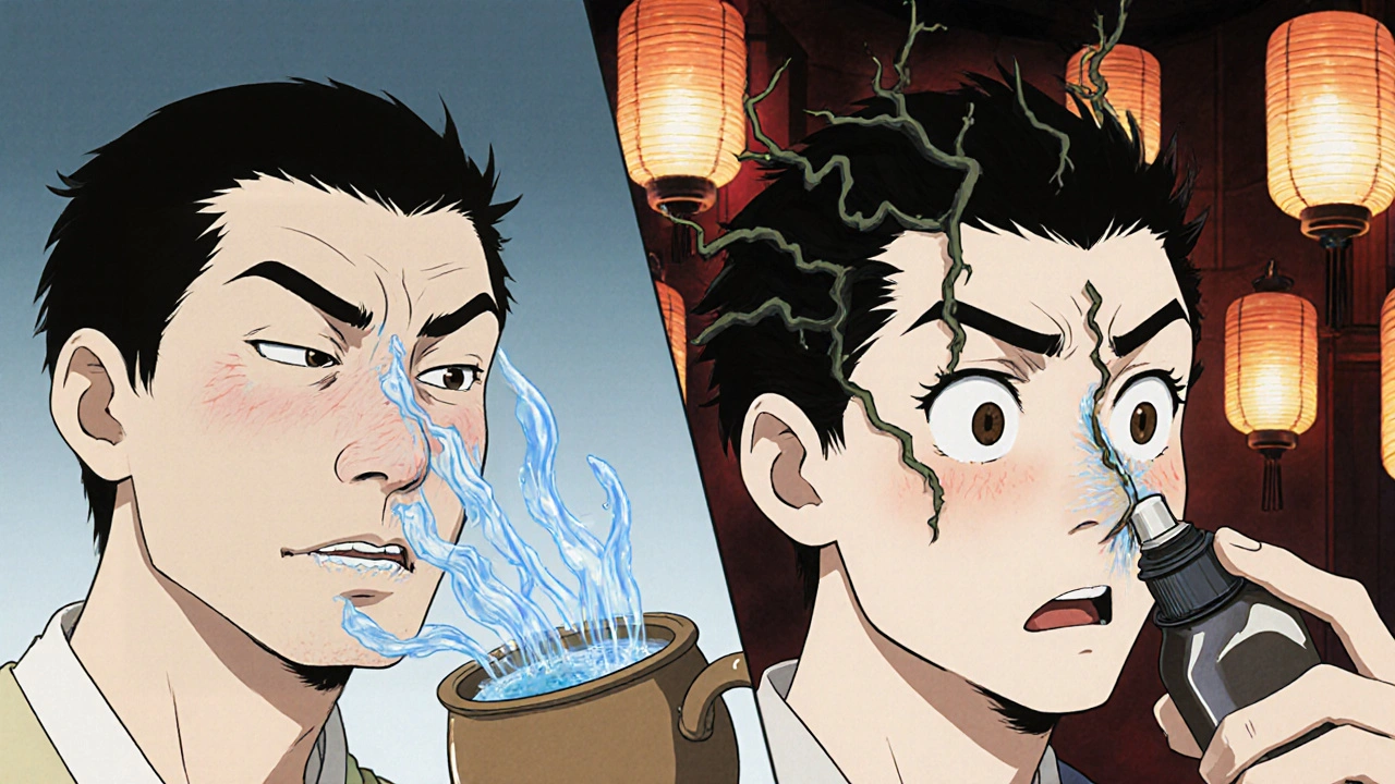 Split scene: saline irrigation calming nasal tissue vs. previous decongestant dependency with dark vines.