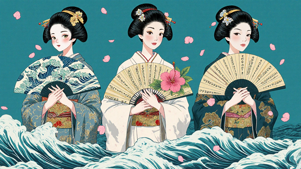 Three figures in kimonos symbolize Accupril, Lisinopril, and Losartan with symbolic fans on a river of blood pressure readings.