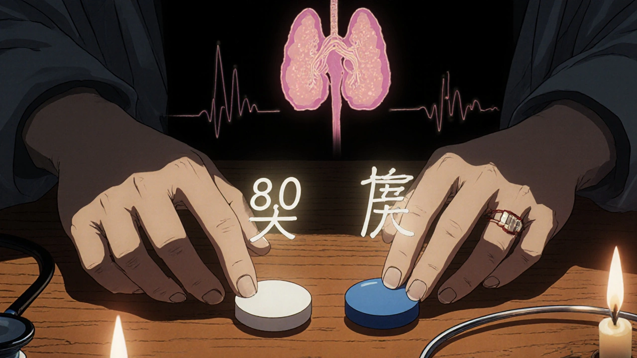 Two generic thyroid pills side by side with glowing percentage markers and a pulsing thyroid shadow, under warm candlelight.