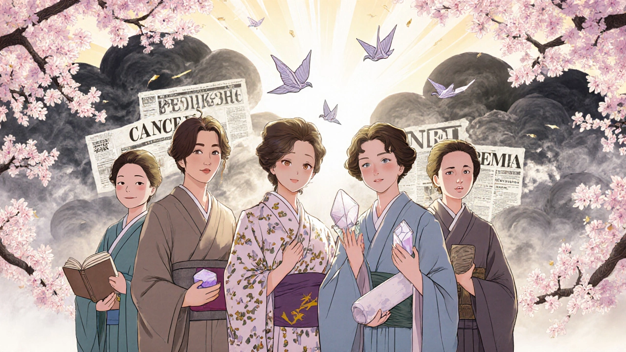 Women under a cherry blossom tree holding symbols of relief, with fear clouds fading into sunlight, in ukiyo-e anime style.