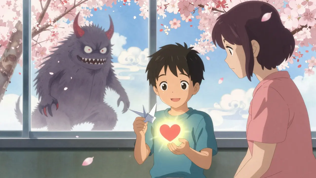 A child smiles after IVIG treatment, his healthy heart glowing as a fever monster dissolves into cherry blossoms.