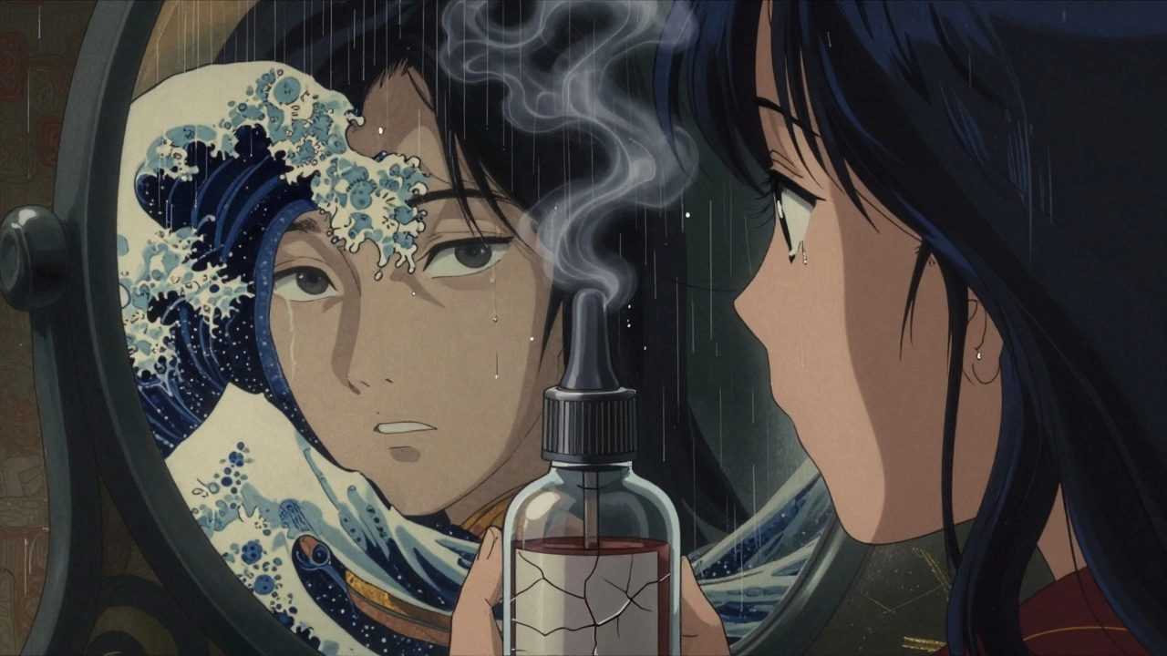 A cracked eye drop bottle with ghostly bacteria rising, reflected in a mirror.