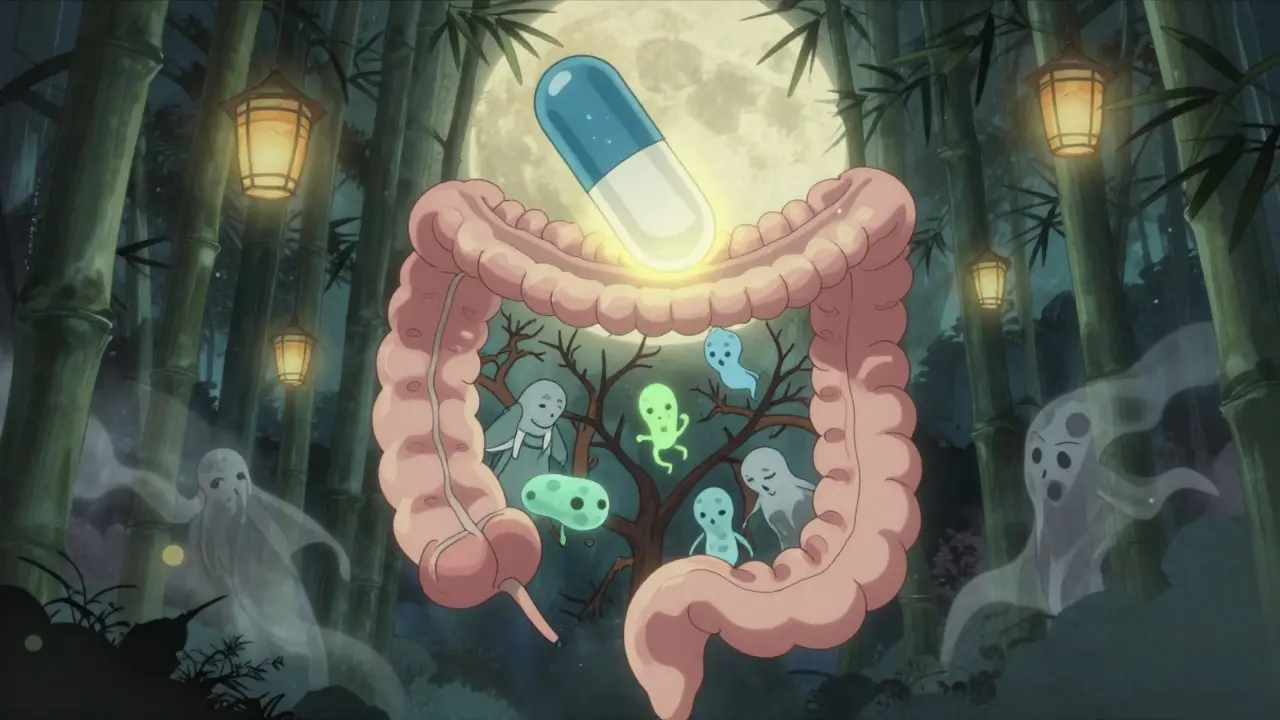 A fecal transplant capsule restoring life to a colon as a misty bamboo forest, with healthy microbes reviving the landscape.