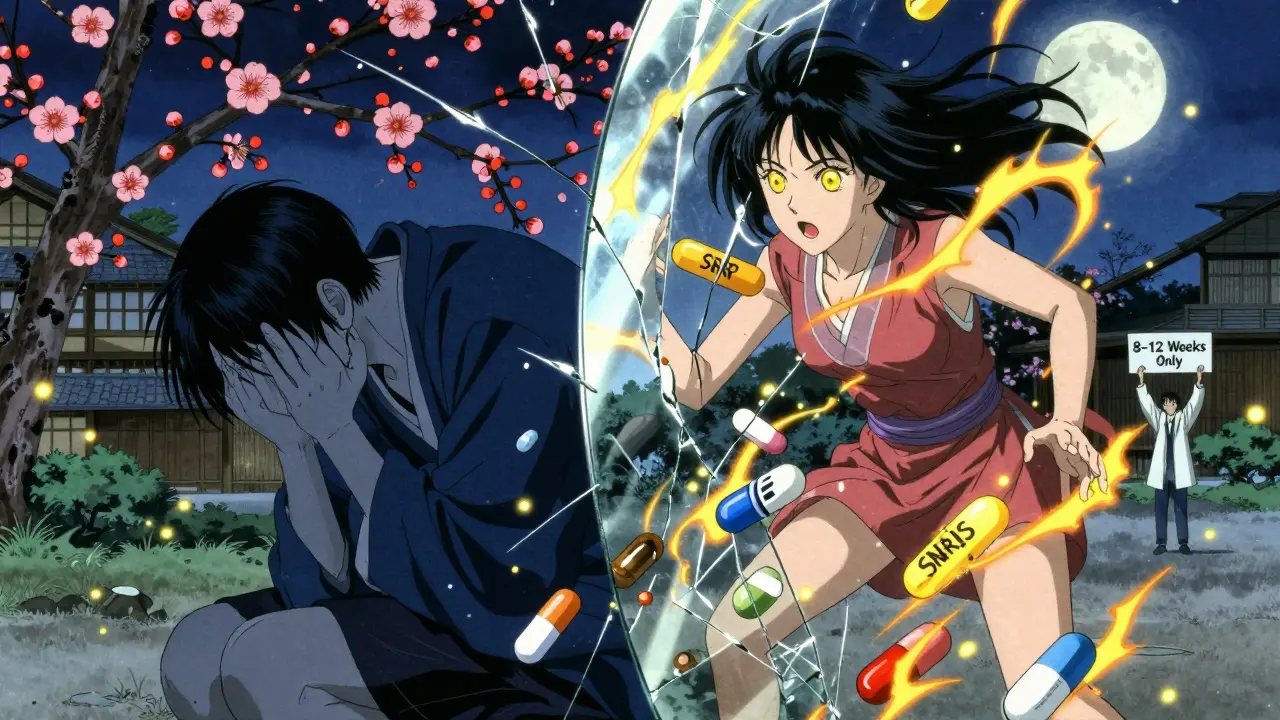 A fractured mirror showing depressed and manic versions of one person, with shattered pill labels and a sign reading '8-12 Weeks Only'.