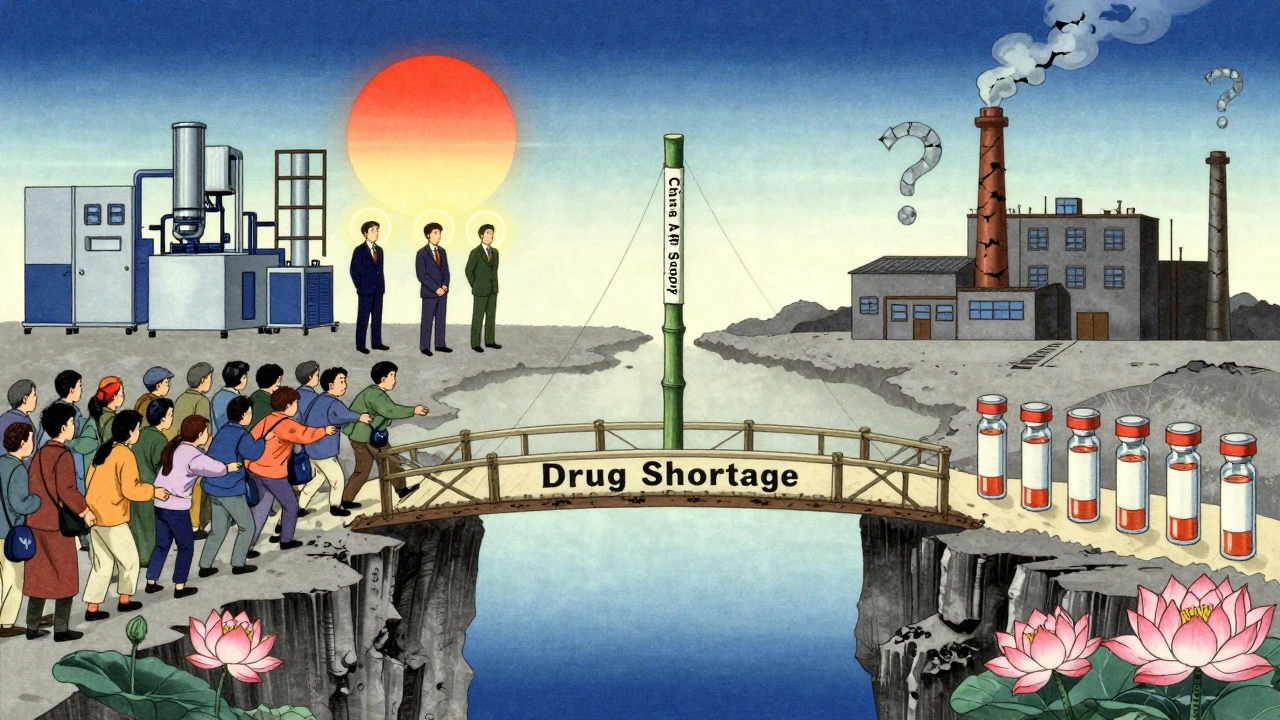 A fragile paper bridge over a drug shortage chasm, supported by a single supply pole, with new machines and biosimilars blooming as hope.