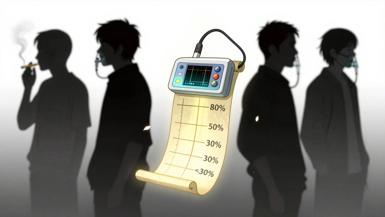 A glowing spirometry device hovers with percentage symbols falling like petals, four patient silhouettes behind.