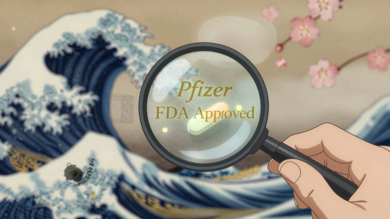 A hand using a magnifying loupe to examine a pill, with glowing microtext visible in the air.