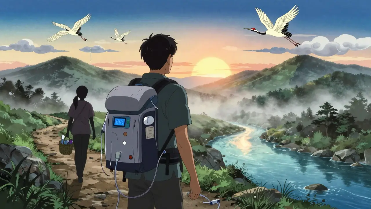A man hikes a mountain trail with a portable dialysis machine in his backpack, accompanied by his care partner, as cranes fly above purified river waters.