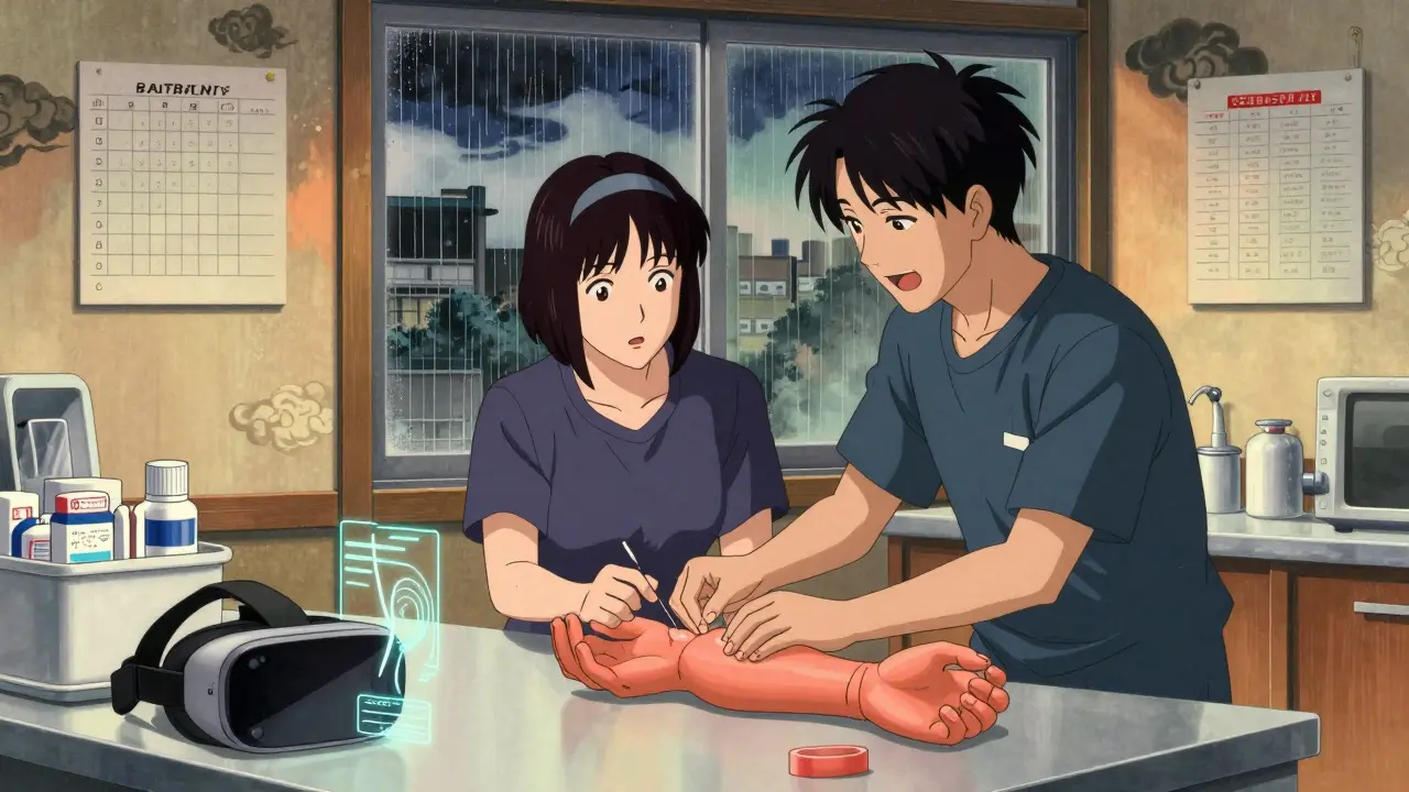 A patient and care partner practice needle insertion in a kitchen during training, surrounded by medical supplies and a glowing VR headset.