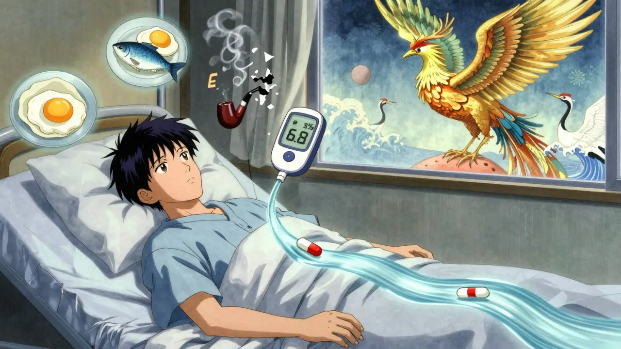 A patient at day 14 post-surgery surrounded by symbols of nutrition and lifestyle changes aiding wound recovery.