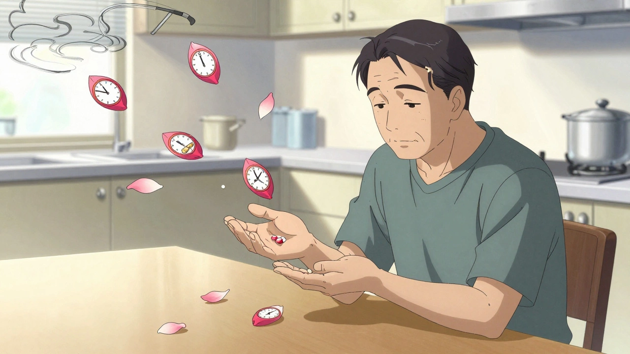 A patient holding one pill as five others dissolve into cherry petals, symbolizing reduced pill burden.