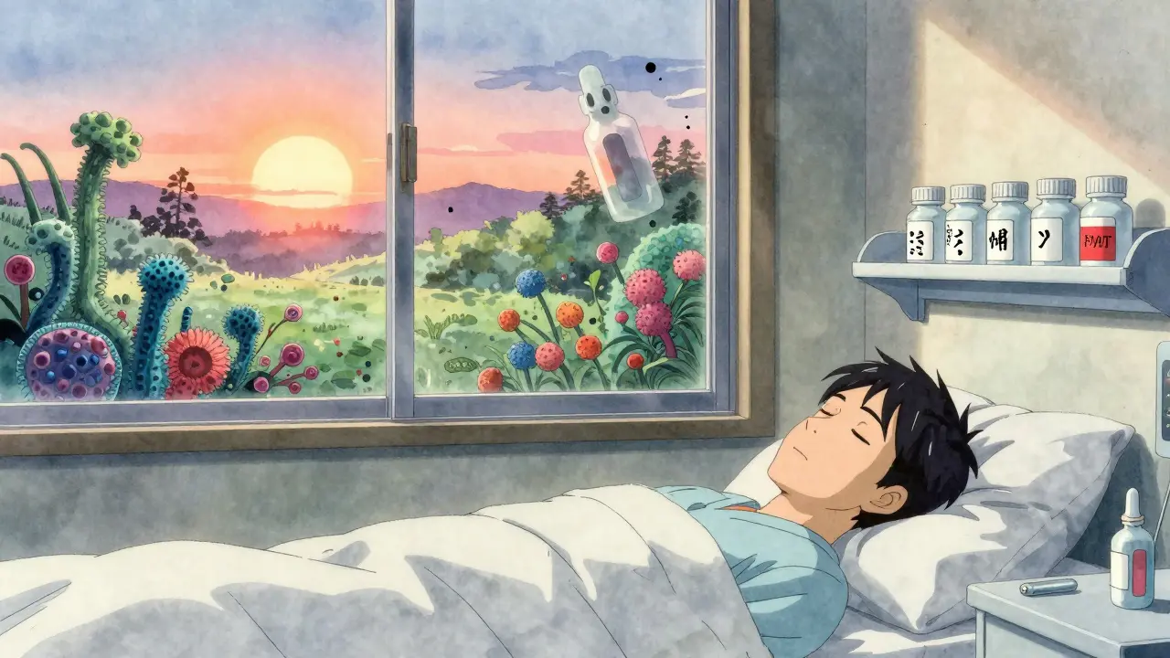 A patient sleeping beside FMT capsules, as a restored gut landscape blooms with dawn light in the background.