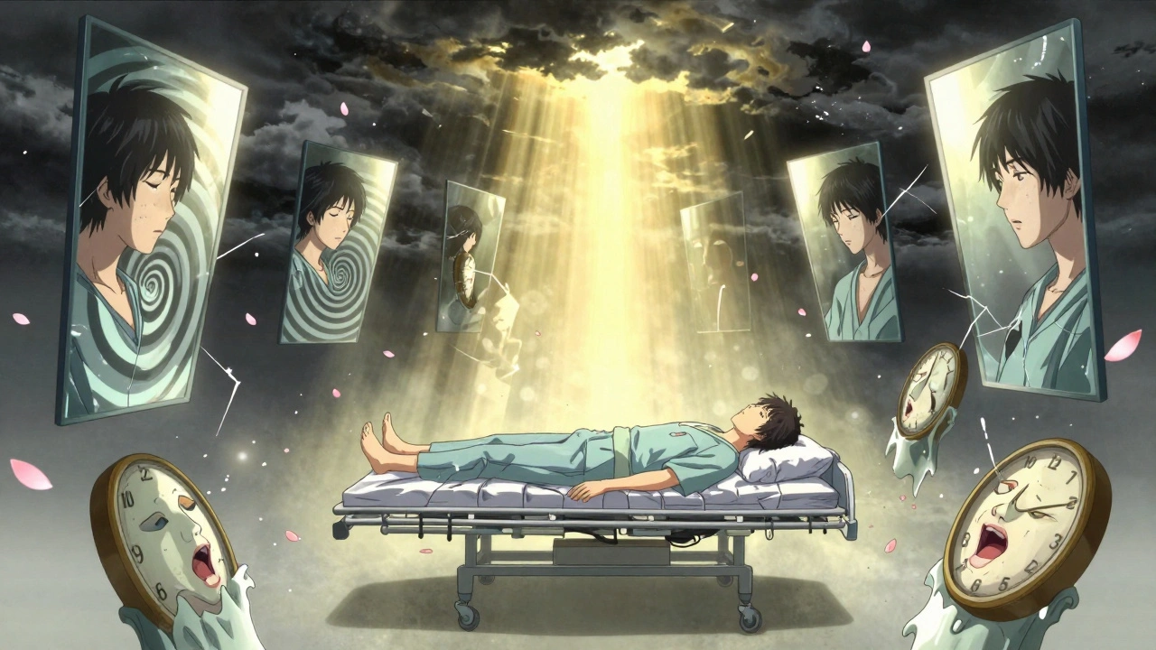 A person floats above their unconscious body, surrounded by fractured mirrors showing distorted DXM trip visions, cherry petals falling like pills.