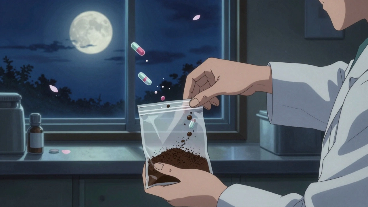A pharmacist disposing of expired pills in coffee grounds under moonlight.