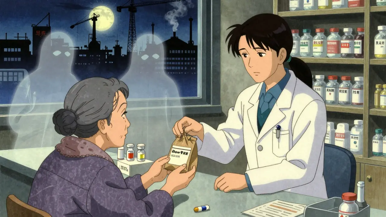 A pharmacist hands generic insulin to an elderly woman in a clinic, with factory silhouettes in the background.