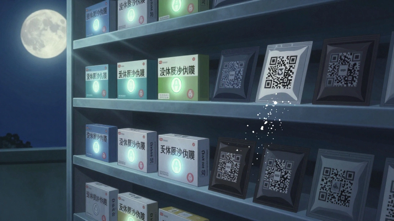 A pharmacy shelf under moonlight, where UV light reveals authentic security marks on medicine boxes.