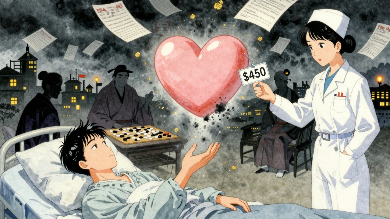 A pill dissolving into ash above a hospital bed as prices soar and factories fade in the distance.