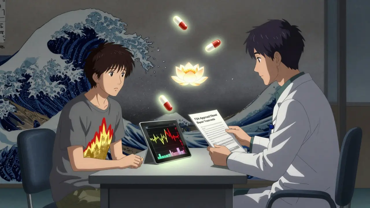 A psychiatrist and patient in a clinic, with mood graphs rising from the patient and safe bipolar medications floating above.