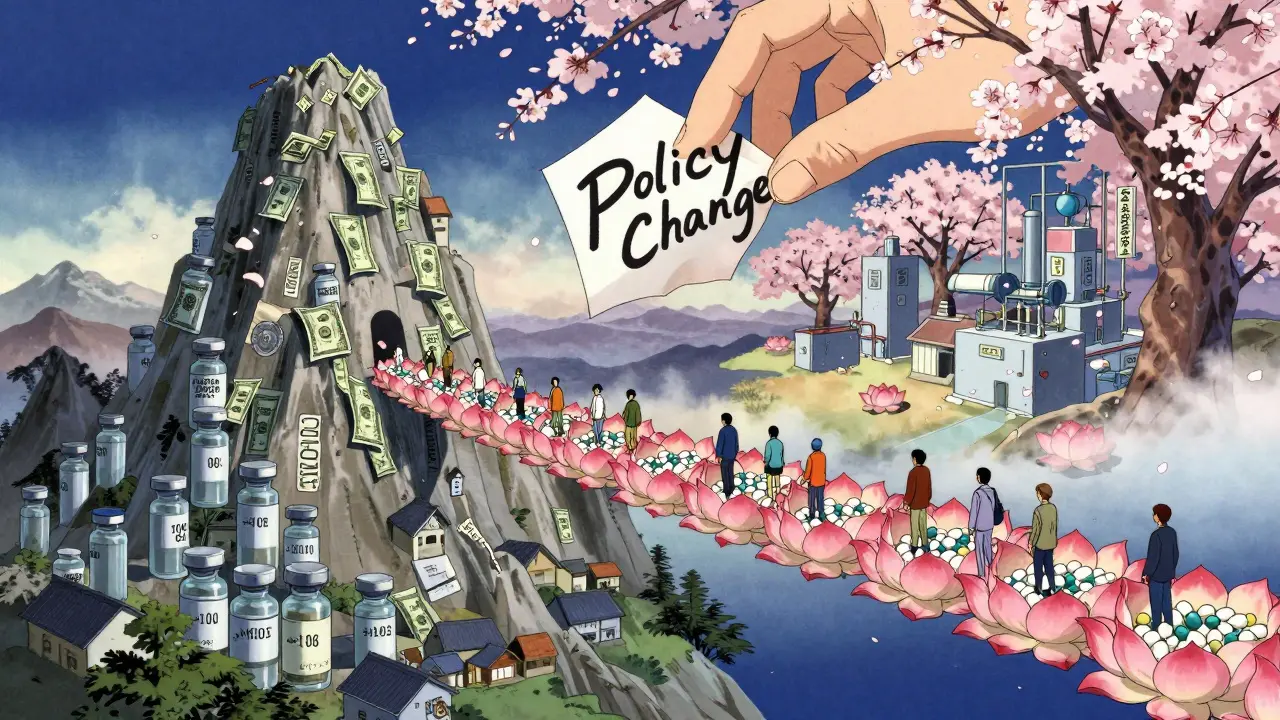 A scale balancing expensive biologics against a bridge of generic pills shaped like lotus petals, under a twilight sky.